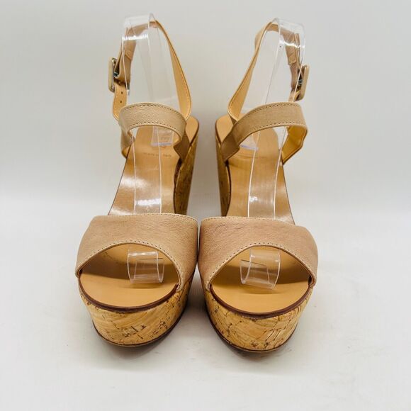 J Crew Shoes Womens 10 Beige Leather Cork Wedge Heels Platform Sandals - Picture 9 of 11